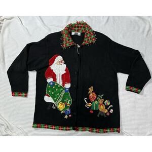 Lisa Int’l Christmas Sweater 1X Black Button Santa Gifts Party Shoulder Pads